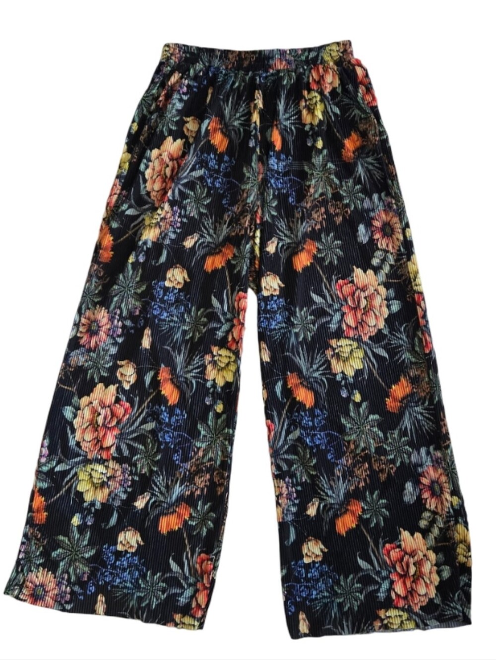 Black Floral Wide-Leg Pants with Elastic Waist Bohemian Festival Wide Beachcore - Picture 3 of 3